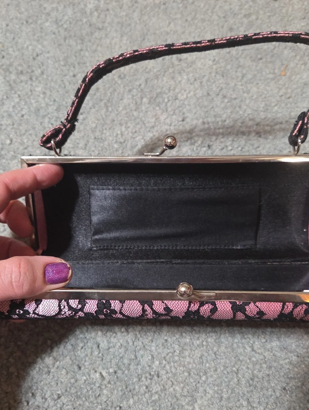 Vintage 90s Nwot Pink Black Lace Evening Clutch Bag with Top Handle